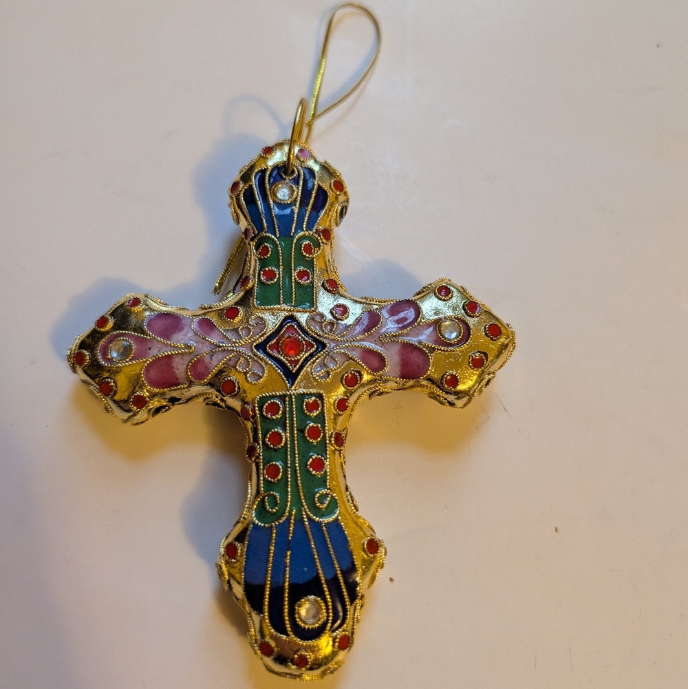 Vintage Cloisonne Cross Hanging Ornament Extra Large Cloisonne Hanging Ornament